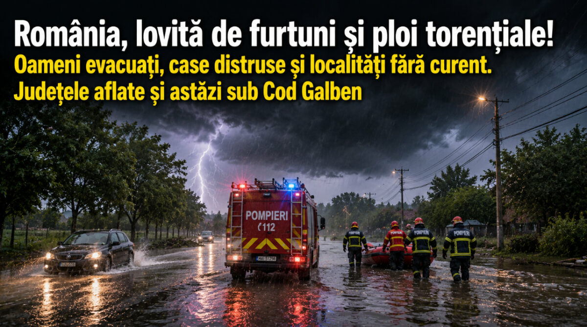 Romania, lovita de furtuni si ploi torentiale! Oameni evacuati, case distruse si localitati fara curent. Judetele aflate si astazi sub Cod Galben